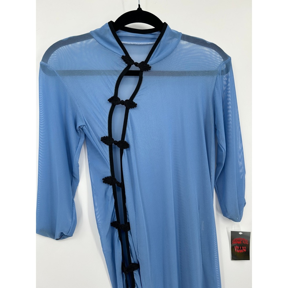 Blue Sheer Mesh Frog Knot Asymmetric Midi Dress Womens Small - Picture 12 of 12